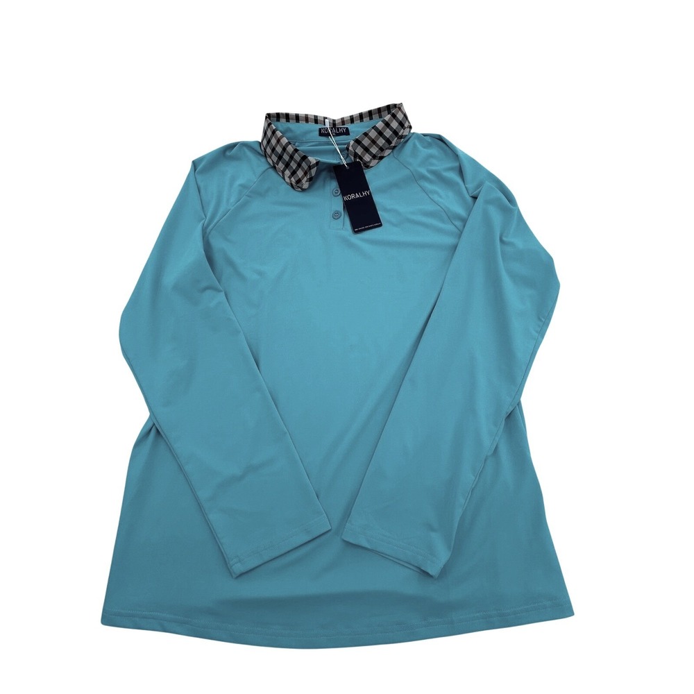 NEW Koralhy Womens Long Sleeve Golf Polo Shirt Turquoise Plaid Collar XL Outdoor